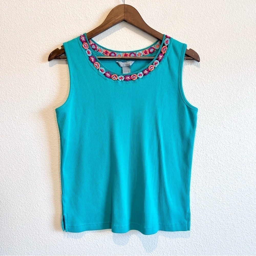 City Blues Koret Sleeveless Crochet Ribbed Tank Top Blue Y2K 90s Girlhood Medium